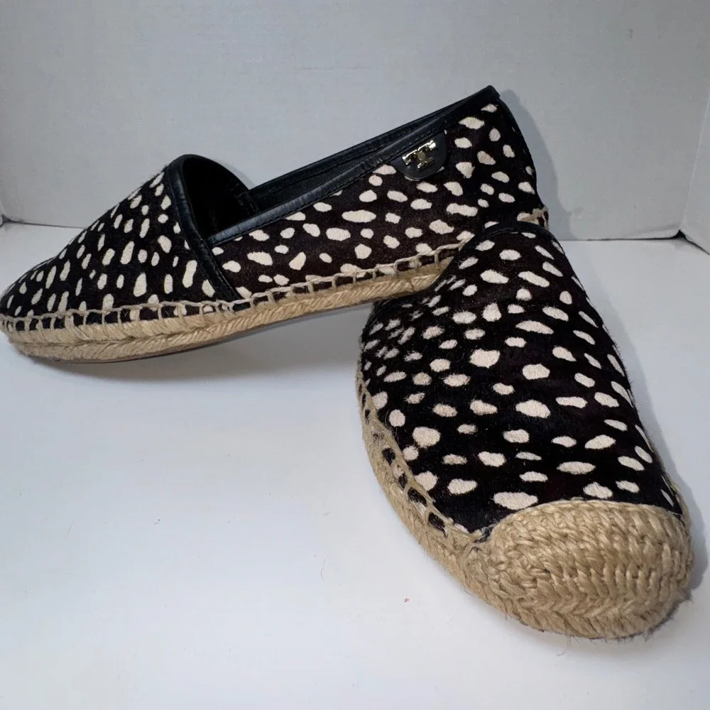 Tory‎ Burch Espadrille Flats Womens 8.5 Black Cream Animal Print Calf Hair Logo
